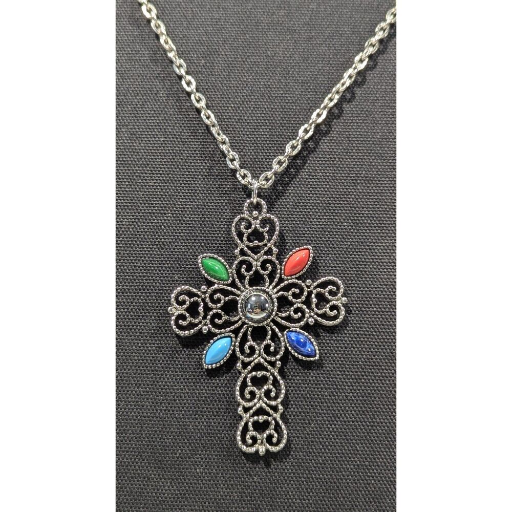 Silver Filigree Cross Stone Accents - Picture 1 of 8